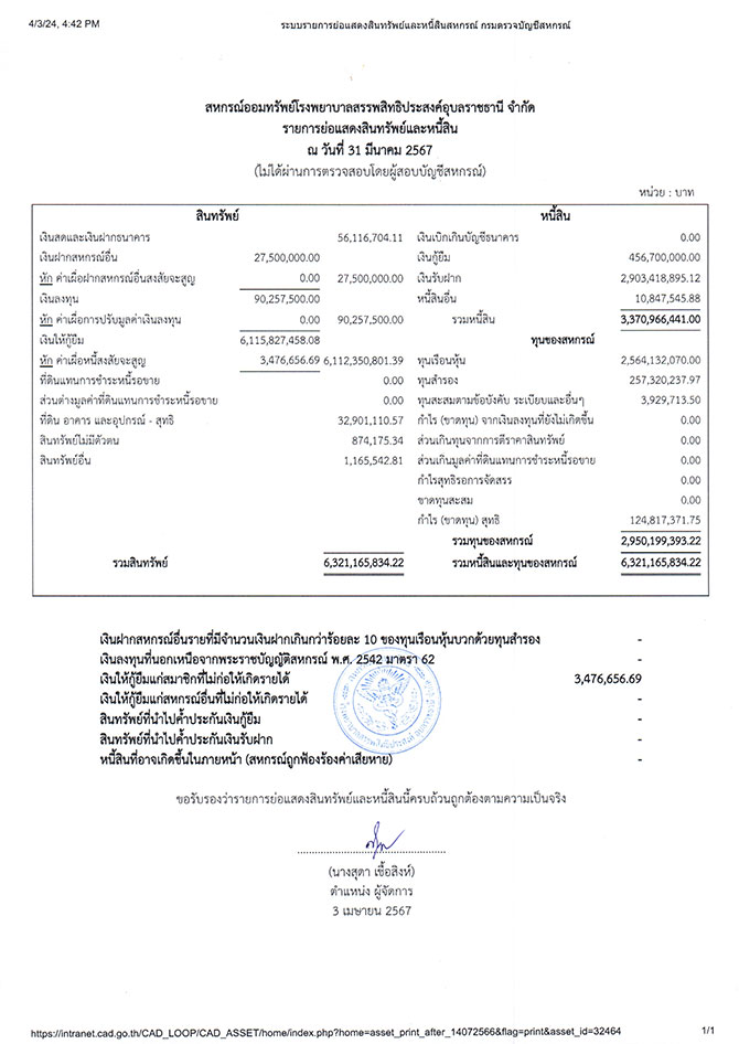 รายการย่อแสดงสินทรัพย์และหนี้สิน มีนาคม 2567