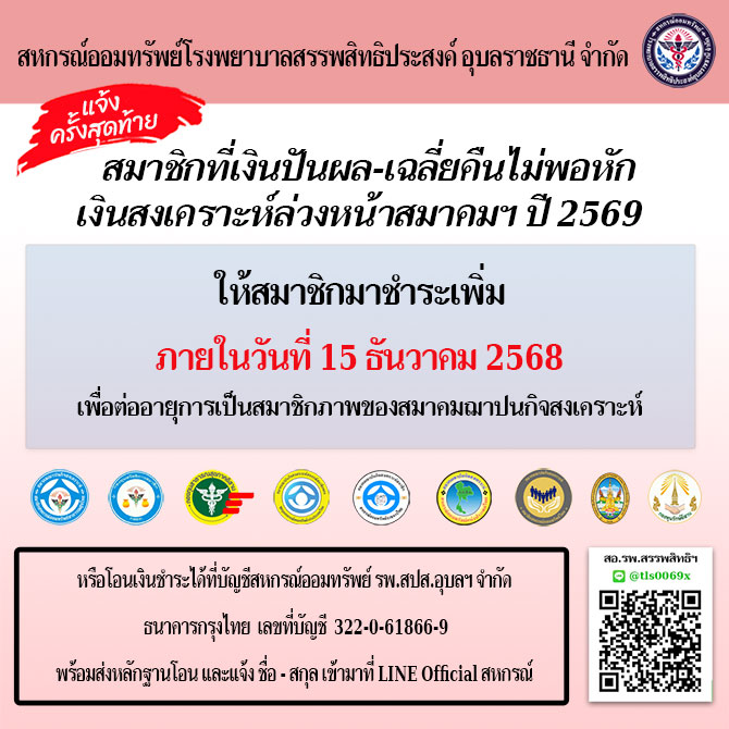 รายชื่อสมาชิกที่เงินปันผล-เฉลี่ยคืนไม่พอหักเงินสงเคราะห์ล่วงหน้าสมาคมฯ, กองทุนฯ ปี 2569 ให้มาชำระภายในวันที่ 15 ธ.ค.68