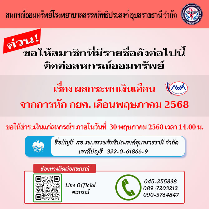 ขอให้สมาชิกที่มีรายชื่อดังต่อไปนี้ ติดต่อสหกรณ์ออมทรัพย์ เรื่อง ผลกระทบเงินเดือน จากการหัก กยศ. เดือนพฤษภาคม 2568