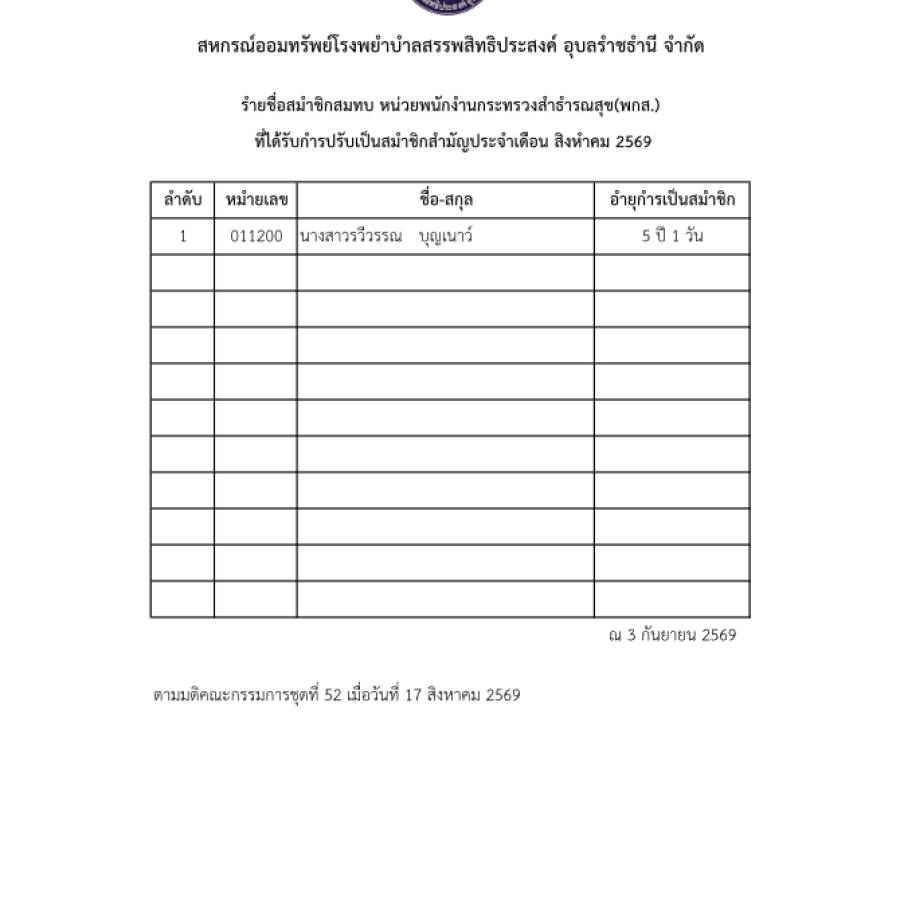 รายชื่อสมาชิกสมทบ หน่วยพนักงานกระทรวงสาธารณสุข(พกส.) ที่ได้รับการปรับเป็นสมาชิกสามัญประจำเดือน สิงหาคม 2569