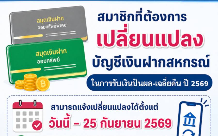สมาชิกที่ต้องการเปลี่ยนแปลงบัญชีเงินฝากสหกรณ์ ในการรับปันผล-เฉลี่ยคืน 2569
